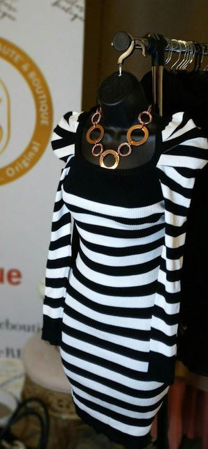 Black and White Puff Shoulder Knit Dress - GLO Culture Boutique™